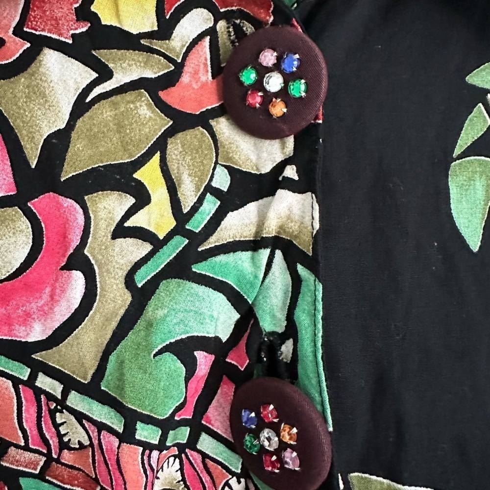 Marsha Brander Componix Black Blouse Vintage Floral Art To Wear Rayon Size 8 - Picture 2 of 4